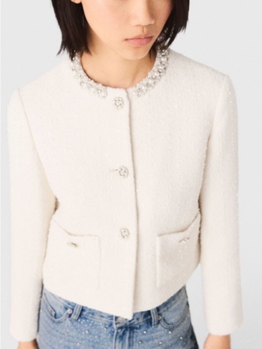 Maje vistrasso Elegant Cream Bouclé Jacket with Embellished Collar